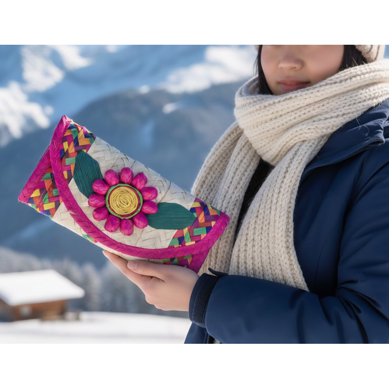 Palm Leaf Clutch with Flower Pink